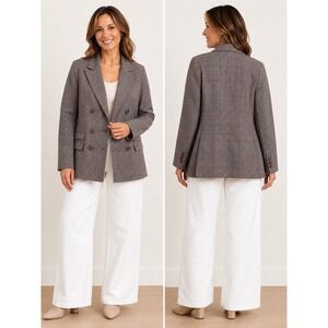 Embassy Row Womens 14 Pure Wool Double Breasted Glen Plaid Blazer Brown Grey
